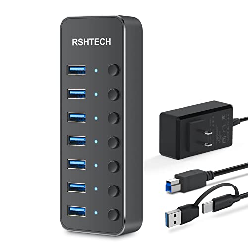Powered USB Hub, RSHTECH 7 Port USB 3.0/USB C Hub Upgraded Version Aluminum USB Port Expander with 2-in-1 USB Cable,5V Power Adapter and Individual Switches, USB Splitter for Laptop and PC, RSH-ST07 von RSHTECH
