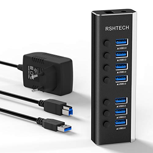 RSHTECH Aluminium 24W USB Hub Aktiv 3.0 mit 12V/2A Netzteil, 7-Port USB 3.0 Hub Multiport USB 3.0 Verteiler, zum Laden und zur Datenübertragung, mit Einzelnen On/Off Schalter und LED (RSH-A37S) von RSHTECH