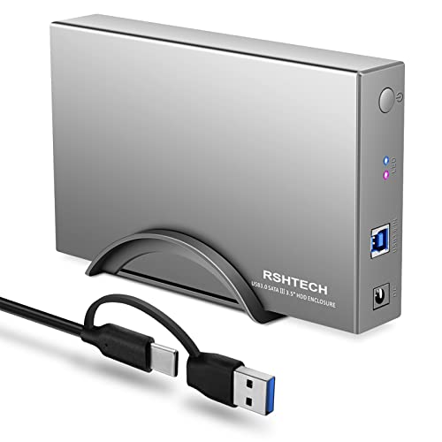 RSHTECH Aluminium USB 3.0 Externe Festplattengehäuse 2,5''&3,5'' USB 3.0 SATA Festplatte Gehäuse für SSD & HDD, mit 2-in-1 Kabel (Typ-A&C), 24W Netzteil, unterstützt UASP, Automatische Schlaffunktion von RSHTECH
