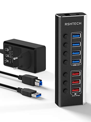 RSHTECH Aluminium USB Hub Aktiv 3.0 mit 36W Netzteil, mit 3*Schnellladeanschluss, 4*USB 3.0 Datenanschlüssen, 7-Port USB Verteiler mit 12V/3A Netzteil, für Aufladen und Datenübertragung, RSH-A37 von RSHTECH