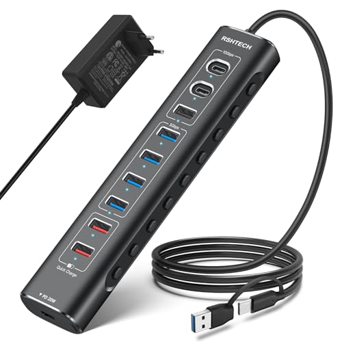RSHTECH Aluminum 10-Port USB C 3.1/3.2 Hub Aktiv mit Netzteil, 3*10Gbps USB 3.2 (2*Typ-C, 1*Typ-A), 4*5Gbps USB 3.0, 2*USB-A Fast Charging Port, 1*20W USB-C PD, 60W 12V/5A, 2-in-1 Kabel, RSH-A10QPD von RSHTECH