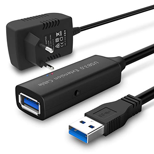 RSHTECH USB 3.0 Verlängerung Kabel mit 5V2A Netzteil aktiv USB 10M Verlängerungskabel Super Speed Kabel A auf Buchse A mit Signalverstärker 5 GBit/s Repeater Schwarz von RSHTECH