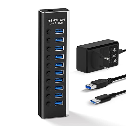 RSHTECH USB 3.1 Hub mit Netzteil 36W, mit 10*10Gbps USB 3.2-Port Aluminium USB Hub 3.2 Gen2 Aktiv mit Netzteil 12V/3A und 2-Datenkabel (Typ C & Typ A), zum Laden und für die Datenübertragung, RSH-A10S von RSHTECH