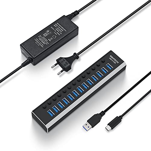 RSHTECH USB Hub 3.2 Aktiv mit Netzteil (72W 12V/6A), 2-in-1 Datenkabel (Typ-C&Typ A) und 13*10Gbps USB 3.2-Datenport, Aluminium 13-Port USB Hub 3.1 Gen2 Aktiv zum Laden und Datenübertragung, RSH-A13 von RSHTECH