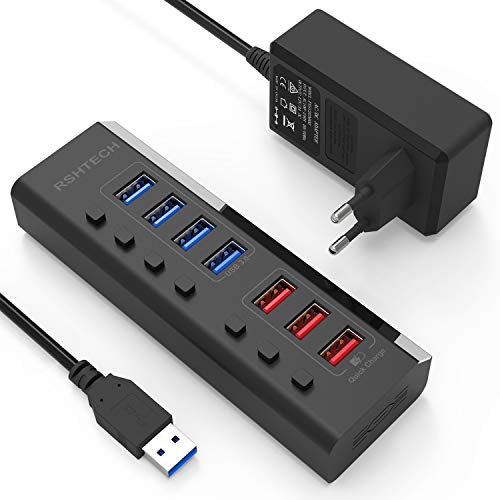 RSHTECH USB Hub Aktiv 3.0 mit 36W (12V / 3A) Netzteil 7-Port USB 3.0 Hub mit Schnellladung(4 USB 3.0 Datenübertragungsanschluss, 3 Schnellladeanschluss) mit Einzelner Schalter, LED, Schwarz (RSH-A37B) von RSHTECH