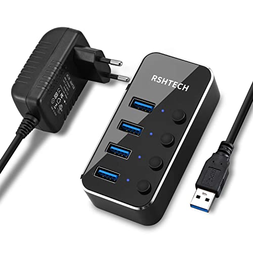 RSHTECH USB Hub Aktiv 3.0 mit Netzteil, USB 3.0 Hub Aktiv mit 4 Ports USB Verteiler 3.0 Datenhub mit 10W(5V/2A) Netzteil und Einzelne Schalter, für die Datenübertragung, Leichter und Tragbarer von RSHTECH