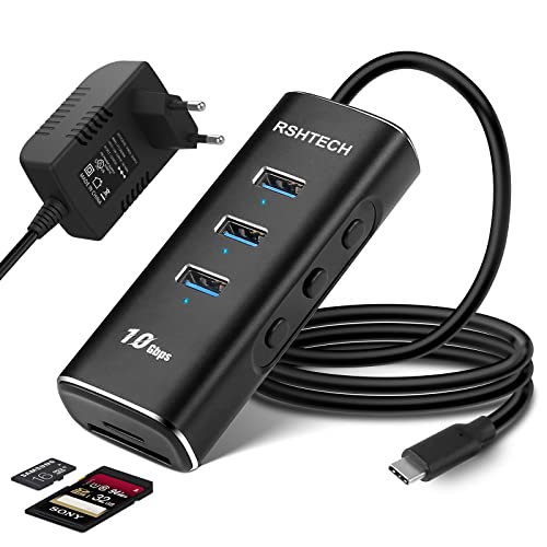 USB 3.1 Hub Gen2 Aktiv mit Netzteil, RSHTECH Aluminium 5-in-1 USB 3.2 Hub mit SD/TF Kartenleser, 3 * 10Gbps USB 3.2-Datenport, 10W 5V/2A Netzteil und 60cm Kabel (Typ-C), Typ C zu Typ A USB Hub Aktiv von RSHTECH