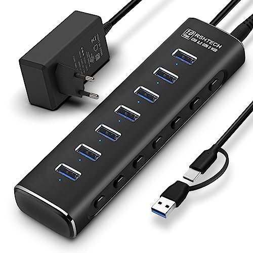 USB 3.2 Hub Aktiv mit Netzteil, RSHTECH Aluminium USB Hub 3.1 Gen2 mit 7*USB 3.2-Datenport (10Gbps), 2-in-1 Datenkabel (Typ-A&C, 100cm), 24W(12V/2A) Netzteil, 7-Port Daten Hub USB Verteiler, RSH-A107 von RSHTECH