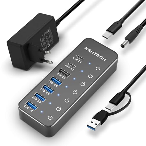 USB C 3.2 Hub Aktiv mit Netzteil, RSHTECH 7 Port USB C 3.1 Gen2 Hub mit 3*10Gbps Datenports (USB-A, 2*USB-C), 4*USB-A 3.0 Ports 5Gbps, Touch-Schalter, 2-in-1 Datenkabel (100cm), 15W 5V/3A, RSH-ST07C von RSHTECH