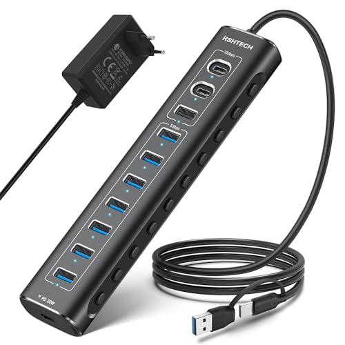 USB C 3.2 Hub Aktiv mit Netzteil (60W 12/5A), RSHTECH 11-Port USB C 3.1 Gen2 Hub mit 20W PD, 3 * 10Gbps USB 3.2 (2*Typ-C, 1*Typ-A), 7 * 5Gbps USB 3.0, 2-in-1 Kabel, Aluminium USB Verteiler, RSH-A11PD von RSHTECH