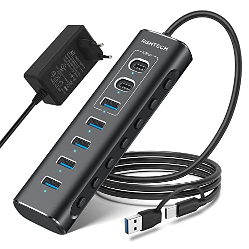 USB C Hub Aktiv mit Netzteil, RSHTECH 7-Port USB C 3.2 Hub Aktiv mit 3*10Gbps USB 3.2-Port (2*Typ-C, 1*Typ-A), 4*5Gbps USB 3.0-Port, 1m Datenkabel, 24W Netzteil, Aluminium USB 3.0 3.1 Hub, RSH-A107C von RSHTECH