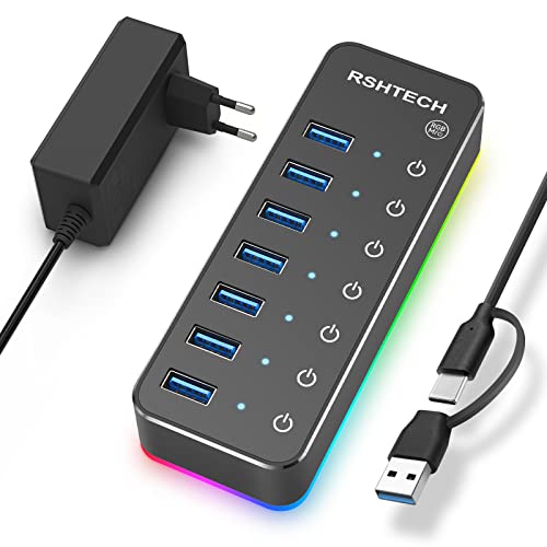 USB Hub Aktiv 3.0 mit Netzteil, RSHTECH 7-Port RGB USB 3.0 Hub Aluminium, 14 RGB Beleuchtungsmodi, 20W 5V/4A Netzteil, Taktile Schalter und Datenkabel (Typ-A/C), leuchtende Gaming-USB-Hub, RSH-518R von RSHTECH
