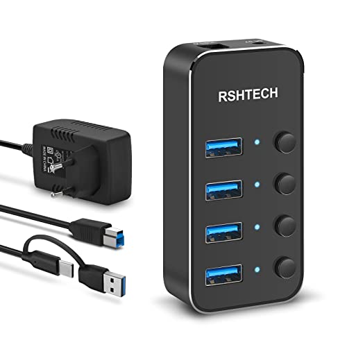 USB Hub Aktiv 3.0 mit Netzteil, RSHTECH USB 3.0 Hub mit 4 Datenports USB 3.0 Port Verteiler mit 100cm 2-in-1 Hybrid-Datenkabel (Typ-A/Typ-C), 10W (5V/2A) Netzteil, Aluminium USB 3.1 Hub, RSH-ST04 von RSHTECH