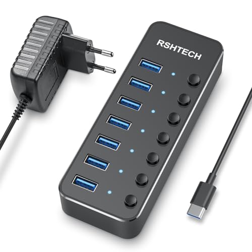 USB Hub Aktiv 3.0 mit Netzteil, RSHTECH USB C auf 7 Ports USB 3.0 Hub SuperSpeed USB Port Verteiler Datenhub Aktiver für Datenübertragung mit 60cm USB C Kabel und 10W (5V/2A) Netzteil, RSH-518C von RSHTECH