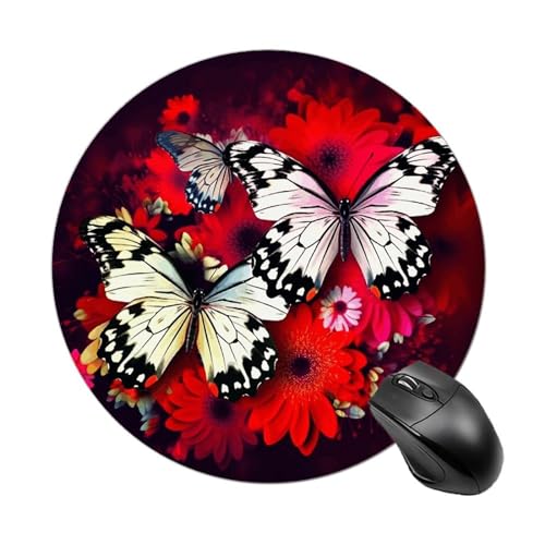Mauspad, lustige bunte Blumen, Schmetterlinge, rund, Gummiunterseite, kleines Mauspad oder Büro und Zuhause von RTSEBVN