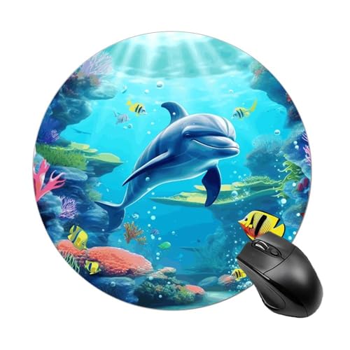 Mauspad mit lustigem Unterwasser-Delfin, rund, Gummiunterseite, kleines Mauspad oder Büro und Zuhause von RTSEBVN