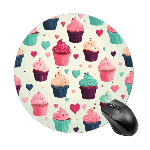 Mauspad mit lustigen Cupcake-Herzen, niedliches rundes Mauspad, Gummiunterseite, kleines Mauspad oder Büro und Zuhause von RTSEBVN