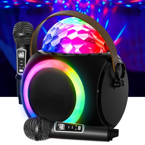 RUBEHOOW Karaoke Maschine 2 drahtlose Mikrofone Disco RGB-Lichteffekt Kinder singende PA-System Lautsprecher für Partys, geeignet für Familienfeiern, Geburtstagsfeiern und Picknicks im Freien. von RUBEHOOW