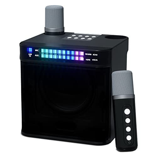 RUBEHOOW Karaoke-Maschine mit Zwei drahtlosen Mikrofonen, LED-Leuchten, wiederaufladbare Bluetooth-Verbindung, tragbares PA-Lautsprechersystem, geeignet für Home Entertainment und Outdoor-Aktivitäten von RUBEHOOW