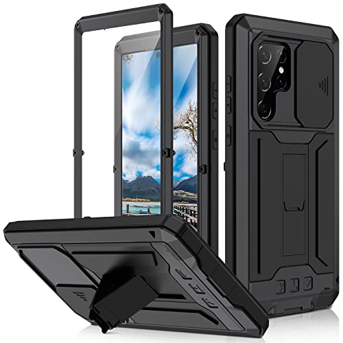 Metallhülle für Samsung Galaxy S22 Ultra 5G, Outdoor Heavy Duty militärisches Metallgehäuse integrierter Bildschirmständer Schiebetasche Kameraobjektivschutz staub-/stoßfeste Ganzkörperhülle (Schwarz) von RUEBCOAK