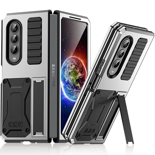 Metallhülle für Samsung Galaxy Z Fold 4, Outdoor Heavy Duty Armor Metall Bumper Military Grade Stoßfestes kratzfestes Anti Fingerabdruck Hard Cover mit Ständer für Samsung Galaxy Z Fold 4 5G (Silber) von RUEBCOAK