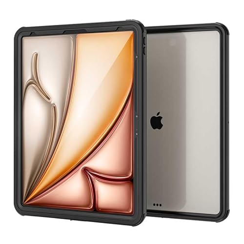 Wasserdichte Hülle für iPad Air 13'' 2024 M2/ iPad Pro 12.9 2018,Outdoor Ultradünn Full Sealed IP68 Underwater Klare Rückseite Abdeckung Dual Layer Stoßfest Staubdicht Ganzkörper Schutzhülle (Schwarz) von RUEBCOAK