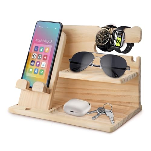 RUIQINQI Nachttisch-Organizer für Herren, Nachttisch-Organizer, Handyhalter, Holz, Handy-Dockingstation, Holz, Schreibtisch-Organizer, Herren-Geburtstag, Souvenir-Ideen (Beige) von RUIQINQI