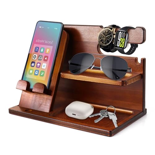 RUIQINQI Nachttisch-Organizer für Herren, Nachttisch-Organizer, Handyhalter, Holz, Handy-Dockingstation, Holz, Schreibtisch-Organizer, Herren-Geburtstag, Souvenir-Ideen (braun) von RUIQINQI