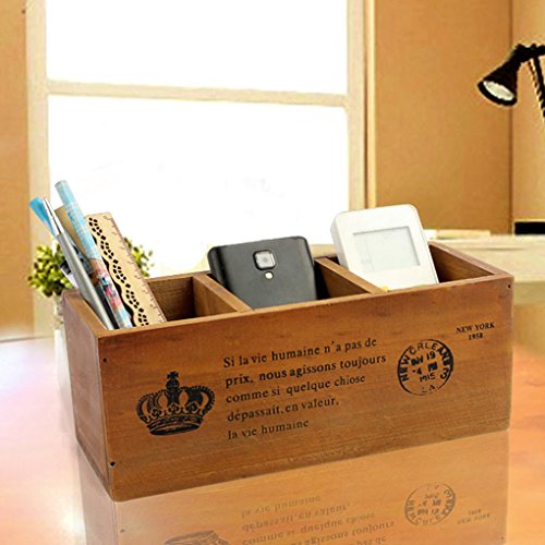 Schreibtisch Organizer Aufbewahrungsbox Multifunktionale Holz Büro Desktop Organizer Stifthalter Stiftköcher mit 3 Fächern, Schreibtisch Organisator Container für Stifte, Handy, Fernbedienung von RUIXIB