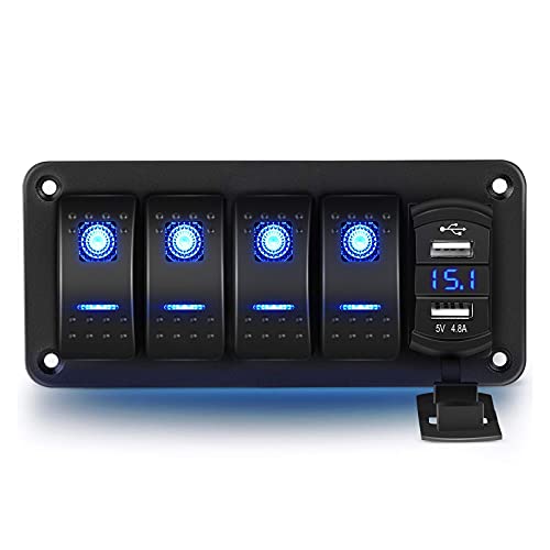 12V/24V Schalter Wasserdicht, 4 Gang Wippschalter Panel 5 Pin ON Off Kippschalter mit Blauer LED-Licht, 12V/24V Schalter Panel Wasserdicht mit Dual-USB für Boot, Auto, LKW von RUIZHI