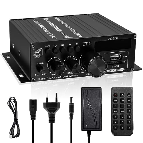 AK-380 40WX2 Max 400W HiFi-Verstärker-Bluetooth 5.0, 2 Kanäle Mini-Stereo Audio Verstärker Receiver mit 12V 5A Stromversorgung, Fernbedienung für Auto Home Bar Party von RUIZHI