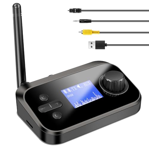 Bluetooth 5.3 Receiver Transmitter für 2 Kopfhörer Wireless Audio Adapter 2-in-1 Bluetooth Transmitter mit Bypass Low Latency On/Off Switch Display 3.5 mm AUX Optical RCA für TV Stereo von RUIZHI