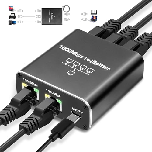 LAN Splitter 1 auf 4, 1000Mbps Ethernet Splitter High Speed [4 Geräte gleichzeitig vernetzen] RJ45 mit USB-Stromkabel, LAN Splitter für Computer, Router, Set-Top Box, Digital TV etc（ohne Kabel） von RUIZHI