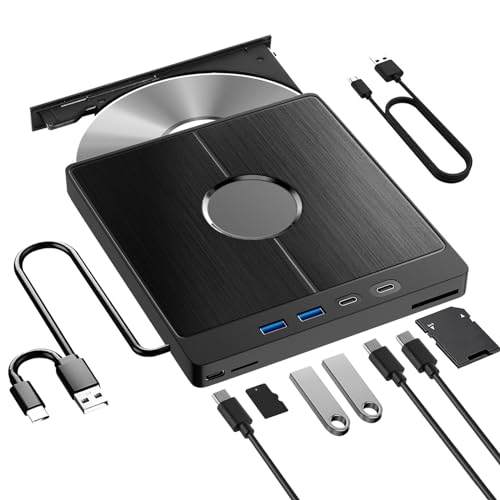 RUIZHI Externes CD DVD Laufwerk USB 3.0 Typ-C,Extern mit SD/TF-Kartenleser Portable RW Brenner,External DVD Drive für Alle PC Laptop/Desktop/MacBook, Windows 11/10/8/7/XP/Vista/Linux/MacOS von RUIZHI