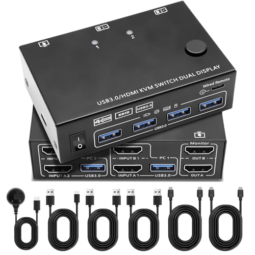 USB 3.0 HDMI KVM Switch HDMI+Displayport, 4K@60Hz, 2 Monitore 2 PC KVM Switch für 2 Computer Teilen sich 2 Bildschirme und 4 USB3.0 Geräte, Kabelfernbedienung und 2 Kabel im Lieferumfang Enthalten von RUIZHI