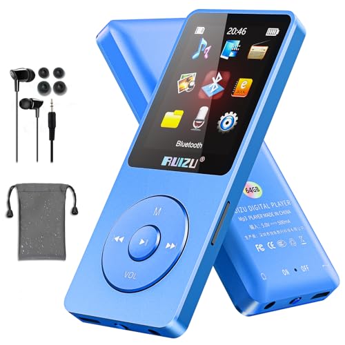 64GB MP3 Player mit Bluetooth 5.3, Ultraleicht (30 Gramm), bis zu 80 Stunden Akkulaufzeit, 1.8-Zoll-Bildschirm, ideal für Sport, Kinder und Erwachsene, unterstützt TF-Karten bis zu 128GB von RUIZU