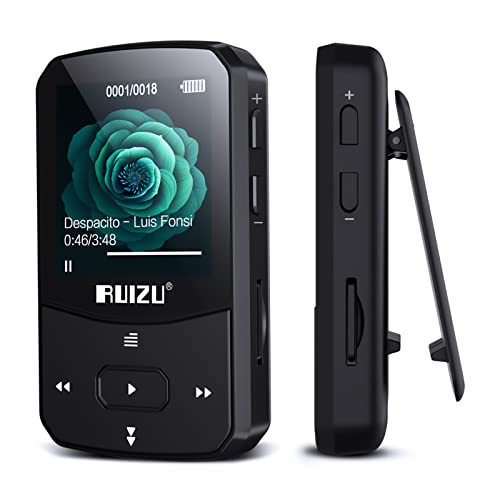 64GB MP3 Player Bluetooth 5.0 Sport Musik Player mit Clip mit 1,5 Zoll TFT Farbbildschirm, Unterstützt bis 128GB SD Karte，mit unabhängiger Lautstärketaste, FM Radio, Schrittzähler, Sprachaufzeichnung von RUIZU