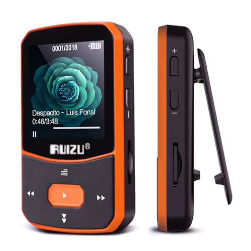 64GB MP3 Player Bluetooth 5.0 Sport Musik Player mit Clip mit 1,5 Zoll TFT Farbbildschirm, Unterstützt bis 128GB SD Karte，mit unabhängiger Lautstärketaste, FM Radio, Schrittzähler, Sprachaufzeichnung von RUIZU