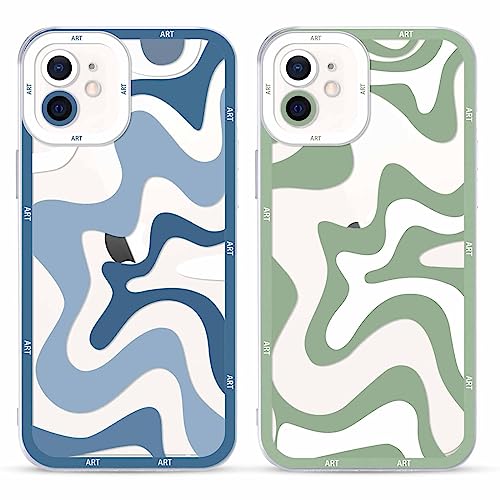 RUMDEY 2 Pack Clear Cases für Apple iPhone 12 Hülle 6,1 Zoll, Clear Aesthetic Bumper Slim Case mit Stoßfestem Schutz für Frauen Mädchen, Mode Druck Silikon Weiche TPU Cover, Blau & Grün von RUMDEY