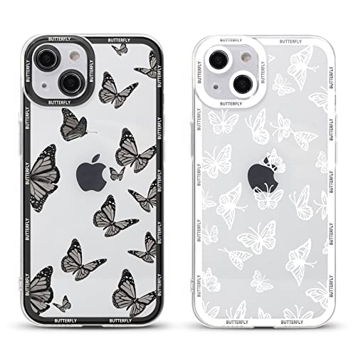 RUMDEY 2 Stück niedlicher klarer Druck für Apple iPhone 14 Plus 6,7 Zoll Handyhülle Schmetterling Muster Ästhetische transparente Hüllen weiches Silikon Slim TPU stoßfest Schutzhülle für Frauen von RUMDEY