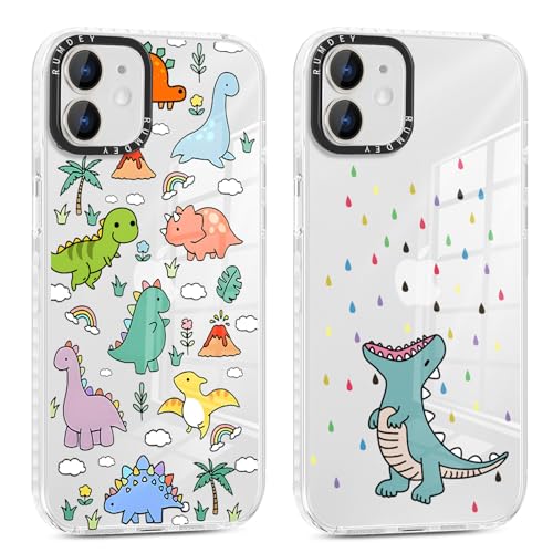 RUMDEY Schutzhülle für iPhone 12 Mini, 13,7 cm (5,4 Zoll), Cartoon-Tier-Muster, niedliches Dinosaurier-Design, transparent, weiches Silikon, dünn, TPU, stoßfest, für Damen, Mädchen, Kinder, 2 Stück von RUMDEY