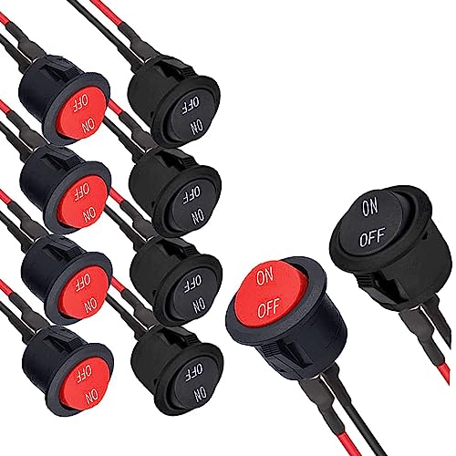 RUNCCI-YUN 10PCS Runde Wippschalter ON-OFF Kippschalter 12V KFZ Schalter SPST Mini Wippschalter 20mm 2-pin 6A/250V 10A/125V AC für Motorrad, Limousine, Boot (Rot Schwarzmit Draht) von RUNCCI-YUN