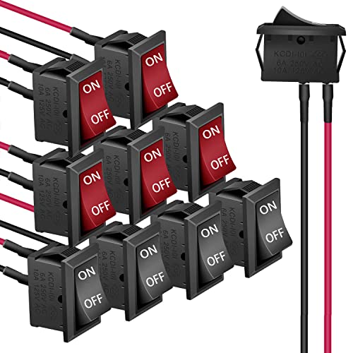 RUNCCI-YUN 10Stück Wippschalter ON-OFF Kippschalter 12V KFZ Schalter SPST Mini Wippschalter 20mm 2-pin AC 10A/125V 6A/250V für Motorrad, Limousine, Boot (rot schwarz mit Draht) von RUNCCI-YUN