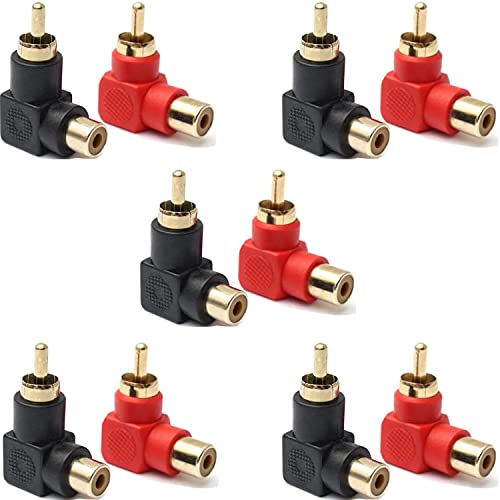 RUNCCI-YUN 10 Stück Rechtwinkliger Cinch-Stecker zu Cinch-Buchse Audio-Adapter, 90 Grad Winkelstecker, Chinch Winkel Adapter (Rot) (Schwarz) von RUNCCI-YUN