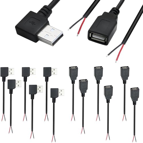RUNCCI-YUN 12 Pieces USB A Pigtail Kabel 5V / 2A 90 Degree USB 2.0 Power blankes Kabel Pigtail 22 AWG USB 2.0 Plug Socket 2-Pin löten DIY Pigtail Cable for USB Devices Repair DIY Cable(30 cm) von RUNCCI-YUN