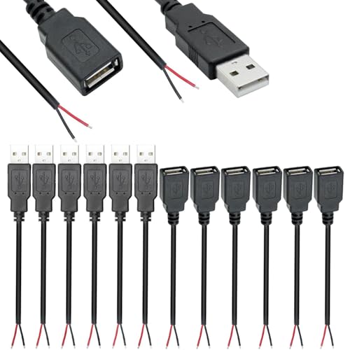 RUNCCI-YUN 12 Pieces USB A Pigtail Kabel 5V / 2A USB 2.0 Power blankes Kabel Pigtail 22 AWG USB 2.0 Plug Socket 2-Pin Wire stecker löten DIY Pigtail Cable for USB Devices Repair DIY Cable(30 cm) von RUNCCI-YUN