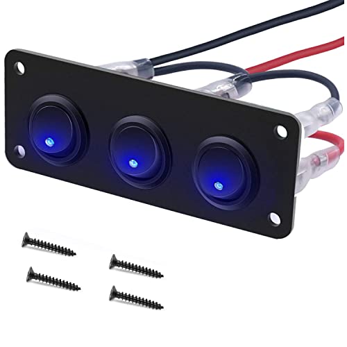 RUNCCI-YUN 12V/24V Schalter Panel,3 Gang ，Auto Kippschalter Panel, SPST 3 Polig 2 Position Runden Wippschalter Kippschalter Panel mit Blaue LED Licht für RV, Auto, Yacht, Marine (12-24V) von RUNCCI-YUN