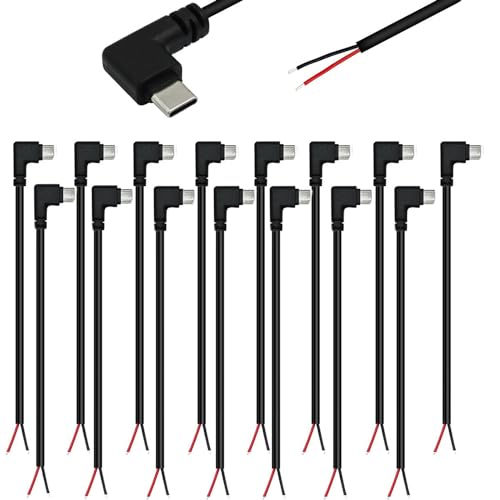 RUNCCI-YUN 15PCS USB C Stecker Kabel, 90 Grad,USB C stecker löten 22AWG 5 V/3 A 2-Draht USB C Verlängerungskabel für installierte USB-C-Geräte oder Ersatz-Reparatur-DIY-Kabel25cm/9.84in von RUNCCI-YUN