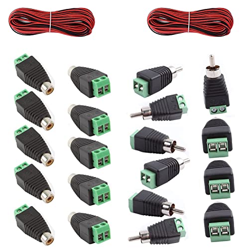 RUNCCI-YUN 20Pcs RCA Stecker Buchse Adapter Set (10X Stecker / 10X Buchse auf 2-Pin Terminal-Block) DC Cinch-Anschluss für Audio-, Videokabel, CCTV-Kamera, Lautsprecher von RUNCCI-YUN