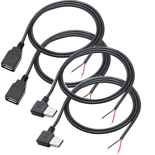 RUNCCI-YUN 4Pieces USB A Pigtail Kabel 5V / 2A 90 Degree USB 2.0 Power blankes Kabel Pigtail 22 AWG USB 2.0 Plug Socket 2-Pin löten DIY Pigtail Cable for USB Devices Repair DIY Cable(100 cm) von RUNCCI-YUN